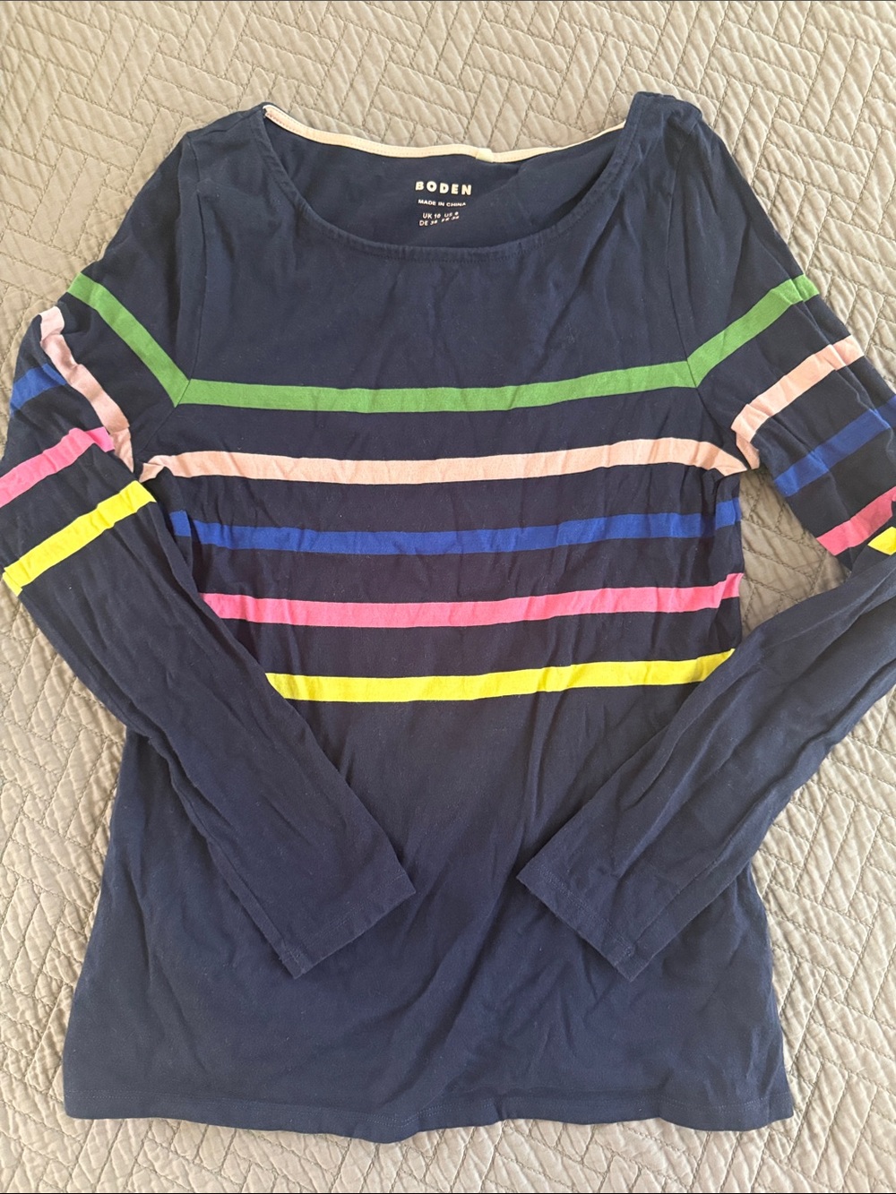 Boden Breton Navy Long Sleeve Tee with Bright Multi Stripes, size 6